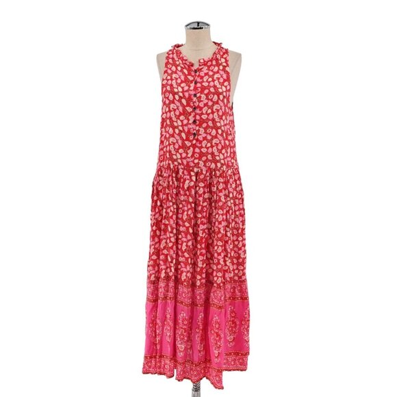 PRETTY LITTLE SISTER Dress Womens Size M Red Floral Cotton Ruffle Maxi Tank Boho - Picture 1 of 12
